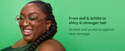 Four images, formula ingredients, bottle solo &amp; then with ingredients, woman with braided hair.