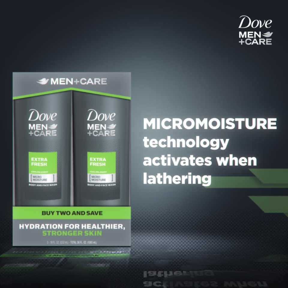 thumbnail video image 3 of Dove Men+Care Body Wash Extra Fresh Effectively Washes Away Bacteria While Nourishing Your Skin for Men's Skin Care 18 oz, 2 Count, 3 of 10