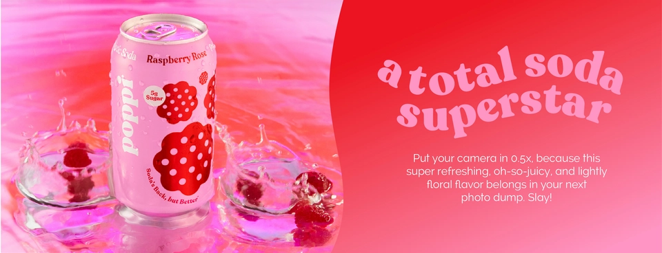 poppi Raspberry Rose Prebiotic Soda, 12 oz can, with apple cider