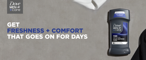 Image of Dove Men+Care Stain Defense Cool Deodorant Stick between black &amp; white fabrics.