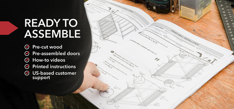 Photo of a person viewing assembly instructions. Text reads, &quot;Ready to assemble. Pre-cut wood. Pre-assembled doors. How-to videos. Printed instructions. US-based customer support.&quot;