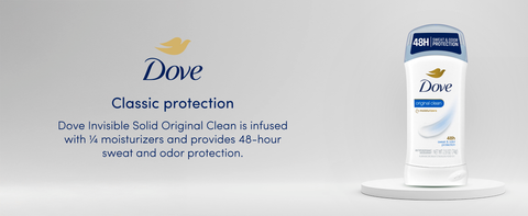 Dove Invisible Solid Powder, infused with 1/4 moisturizers, provides all day sweat & odor protection