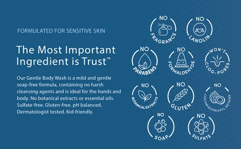 FORMULATED FOR SENSITIVE SKIN. The Most Important Ingredient is Trust™. Our Gentle Body Wash is a mild and gentle soap-free formula, containing no harsh cleansing agents and is ideal for the hands and body. No botanical extracts or essential oils. Sulfate-free. Gluten-free. pH balanced. Dermatologist tested. Kid-friendly.