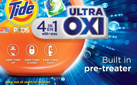 Tide PODS Ultra Oxi laundry detergent pacs with built-in pre-treater