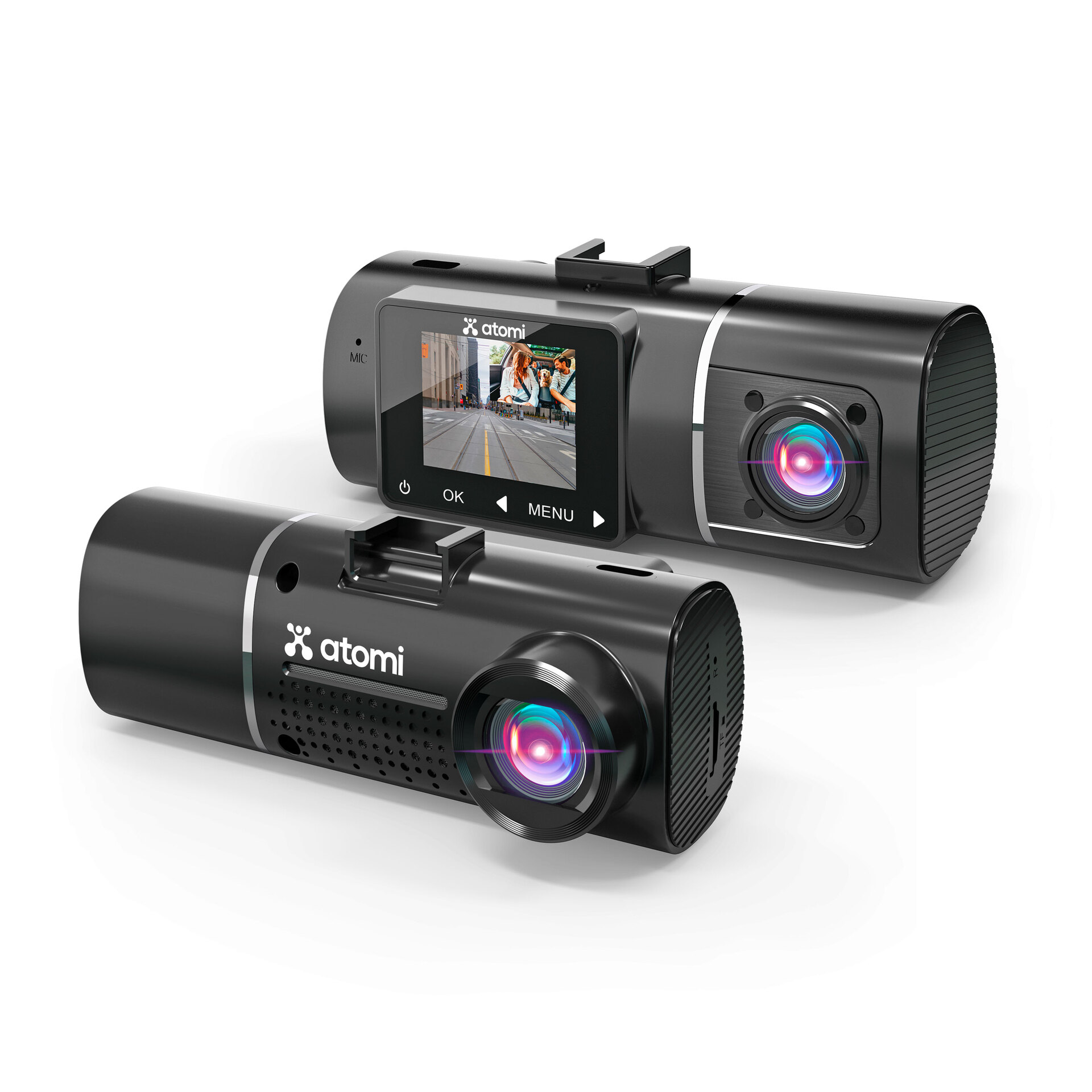 Front and back views of the Atomi Dash Cam