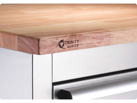 wood top of the base cabinet with trinity basics logo mark