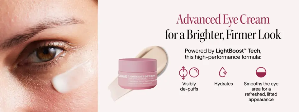 Close-up of a model applying eye cream under the eye, with the Solawave LightBoost Eye Cream jar and product benefits shown beside her.