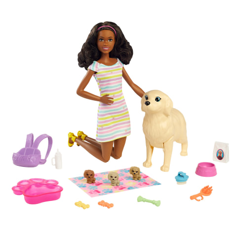 Barbie Doll & Newborn Pups Playset with Mom Dog, 3 Color-Change Puppies &  11 Accessories, Blonde Doll