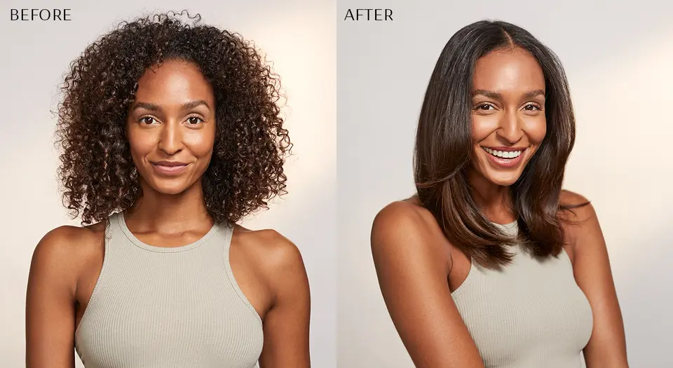 before and after photo of curly, coily hair straightened and sleek using AireBrush