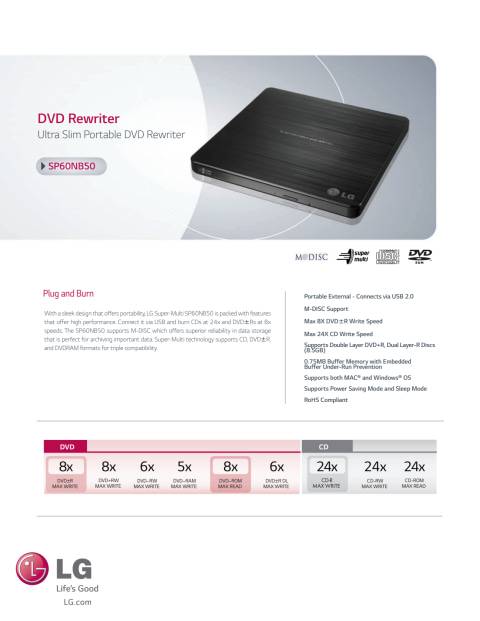 Lg Sp60nb50 Super Multi Disk Drive Dvdrw R Dl Dvd Ram 8x 6x 5x Usb 2 0 External Walmart Com Walmart Com