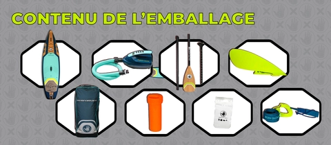 Contents of the packaging: paddle board, electric pump, paddle, removable spoiler, backpack, repair kit, hermetic pocket, ankle belt