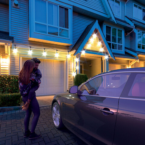 Front view of a home with the Atomi Smart String Lights