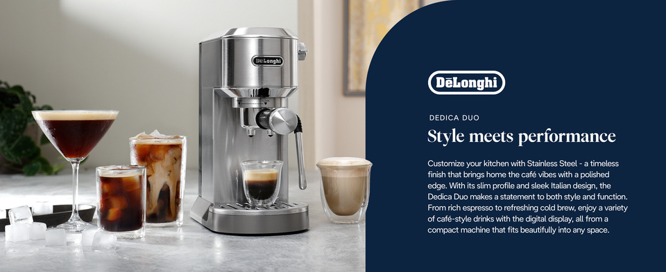 thumbnail video image 3 of De’Longhi Dedica Duo Espresso Machine, Compact Size with Built in Frother for Latte Art, Brew Espresso, Cold Brew, Lattes & More, Stainless Steel, 3 of 14