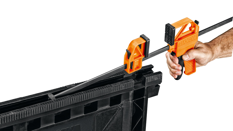 Worx Clamping Sawhorse Pair with Bar Clamps Built in Shelf Cord