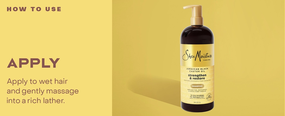 Image of the SheaMoisture Strengthen &amp; Restore Shampoo bottle, next to applying instructions.