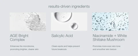 Skincare ingredients display with AGE Bright Complex, salicylic acid, and niacinamide for clear skin