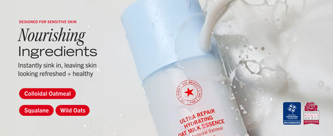 Ingredient call outs and hydrating essence pouring onto container