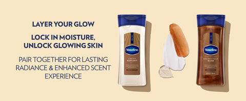 Two Vaseline Body Lotion bottles &amp; text on how to unlock glowing skin, enhanced scent &amp; moisture.
