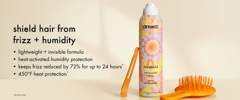 shield hair from frizz + humidity, lightweight + invisible formula, heat-activated humidity protection, keeps frizz reduced by 72% for up to 24 hours, 450 degree heat protection