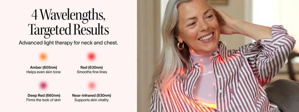 Light therapy mask for neck and chest showing four wavelengths for targeted skin treatment and improved tone