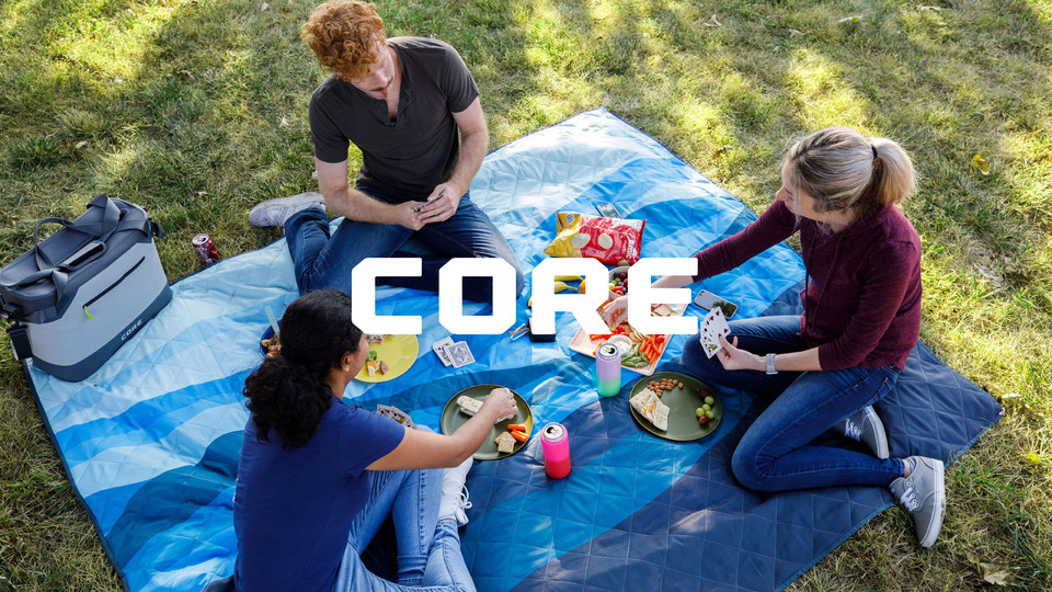 thumbnail video image 2 of CORE Staydown Anchortech Outdoor Travel Weighted Ground Blanket, 7.5lbs, Evergreen Vista, 2 of 8