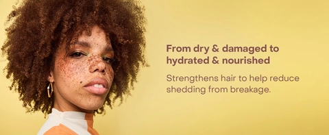 Image of a black woman with abundant, curly hair next to text about hydrated &amp; nourished hair.