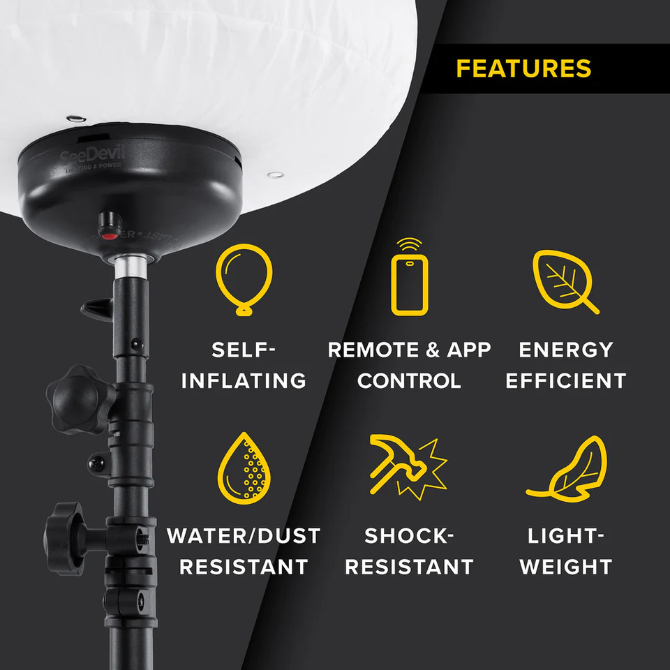 The 60w Balloon Light Kit features: Self inflating, remote &amp; app control, energy efficient, water &amp; dust resistant, shock - resistant, &amp; is light weight.