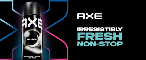 Image of Axe Black Spray, dark background with logo &amp; headline about non-stop freshness.
