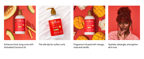 SheaMoisture bottles with fruits and florals &amp; a woman with red curls against a bold red backdrop.