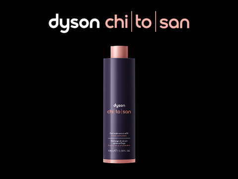 Dyson Chitosan Post-style serum refill bottle on black background with Chitosan logo