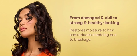 Image of a woman with wavy hair, next to text highlighting some benefits of our masque.