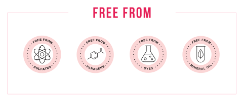 free from pink icons sulfate free dye free silicone free paraben free no mineral oil