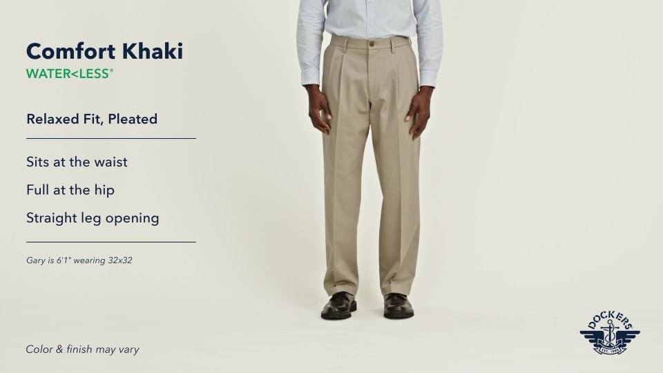 thumbnail video image 2 of Men's Dockers® Relaxed Fit Comfort Stretch Pleated Cuffed Khaki Pants Color: Porcelain Khaki Size: 40X34, 2 of 6