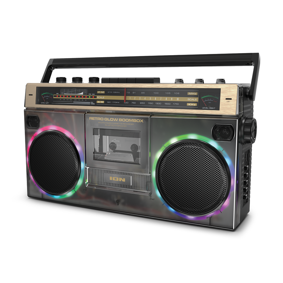 thumbnail video image 2 of ION Audio Retro Glow Black / Gold - Translucent Bluetooth Cassette Boombox, 2 of 8