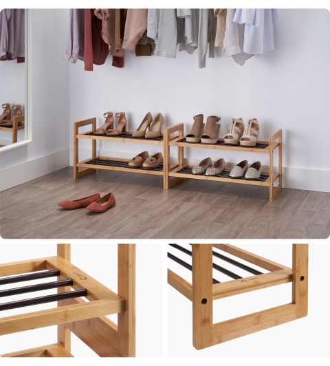 two bamboo shoe rack in an open room closet placed side by side underneath the clothing rack