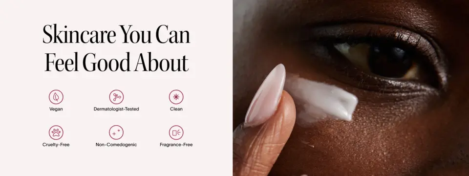 Model applying eye cream near the under-eye area with icons indicating product attributes: vegan, dermatologist-tested, clean, cruelty-free, non-comedogenic, and fragrance-free.