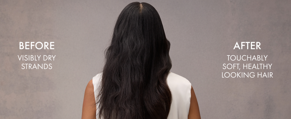 Before and after of a woman's wavy hair going from dry to touchable soft with Nexxus. 