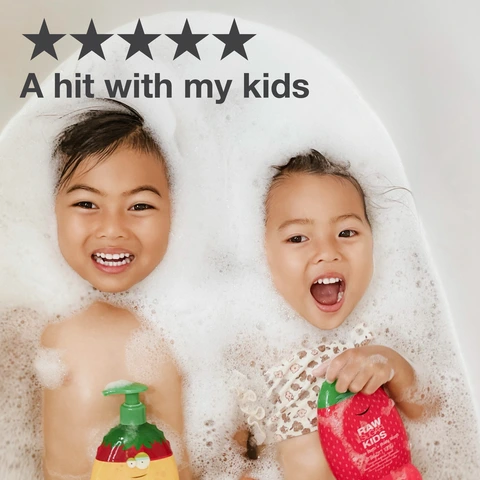 kids playing in suds holding raw sugar products