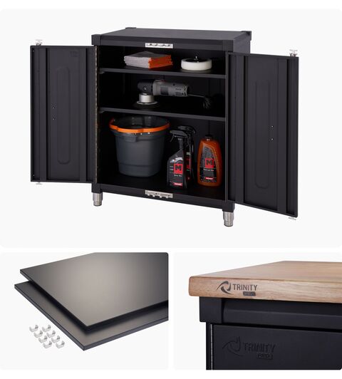 pro base cabinet, showing included 2 shelves and wood top attached