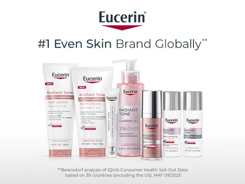 Eucerin "Radiant Tone" complete skincare lineup: Body Lotion, Body Cream (NEW), Cleansing Gel (2% AHA), Dual Serum, Daily Lotion SPF 30, Night Cream. "#1 Even Skin Brand Globally" badge. Dermatologist recommended for dark spot reduction.