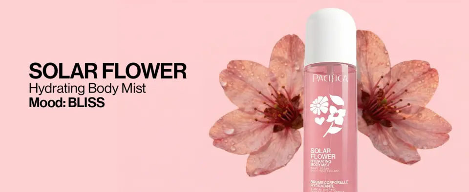 Pacifica Solar Flower hydrating body mist bottle with fresh spring floral scent and mood‑boosting botanicals on soft white.