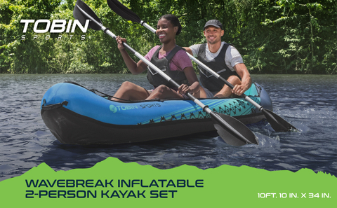 The Wavebreak Inflatable 2-Person Kayak Set is 10 ft. 10 in. x 34 in.