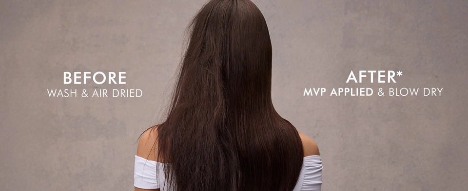 Split view of straight hair before/after MVP Styler Cream, showing smooth, shiny, frizz‑free hair