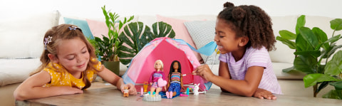 Barbie It Takes Two Camping Playset with Skipper Doll (~10 in), Pet Bunny,  Firepit, Sticker Sheet & Camping Accessories, For 3 to 7 Year Olds