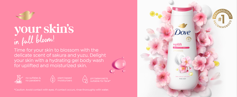 Text on pink background next to a Dove body wash bottle amid pink sakura blossoms and yuzu droplets.