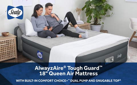 The Sealy® AlwayzAire® Tough Guard™ 18 Inch Queen Air Mattress Includes a built-in Comfort Choice+™ Dual Pump and Snugable Top®