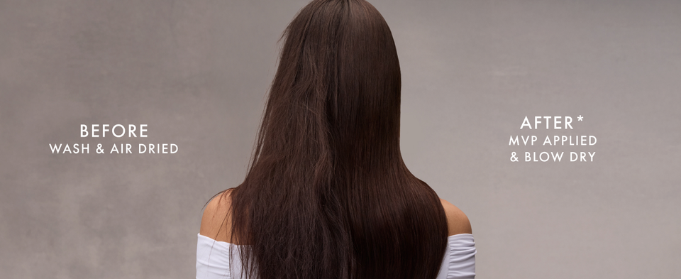 Backshot of a woman's head showing before and after applying styler cream on straight hair.