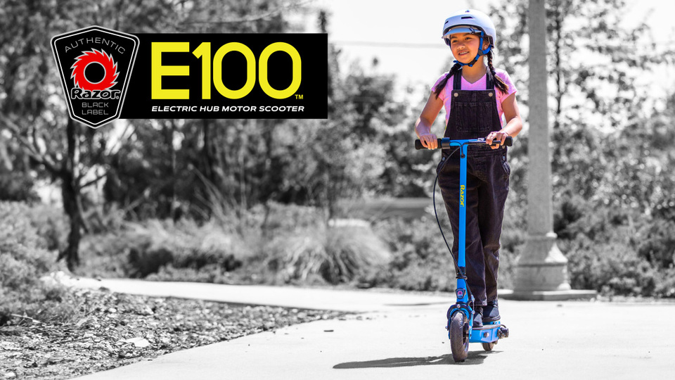 thumbnail video image 3 of Razor Black Label E100 Electric Scooter – Purple, up to 10 mph, 8" Front Tire, for Child 8+, 3 of 12