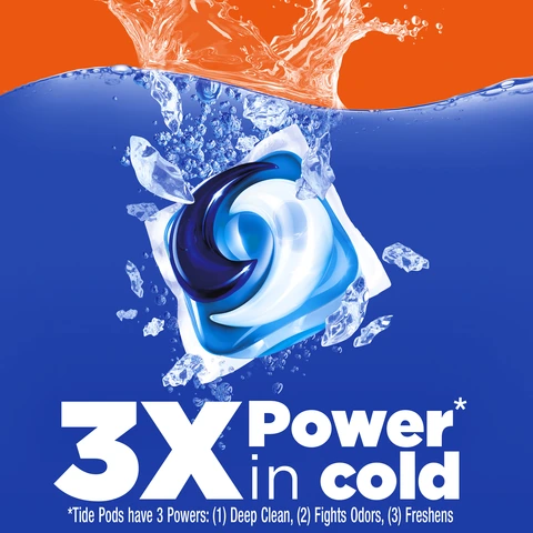 3X POWER* IN COLD WATER - *TIDE PODS HAVE 3 POWERS: (1) DEEP CLEAN, (2) FIGHTS ODORS, (3) FRESHENS