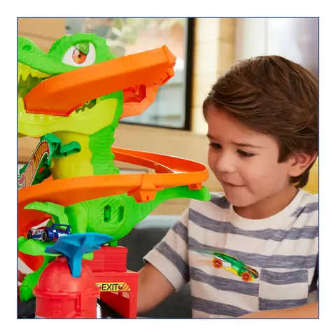 Hot Wheels City T-Rex Blaze Battle Track Set With Firetruck - 18" Tall, Spinning Dino Eyes, 3 Race Outcomes